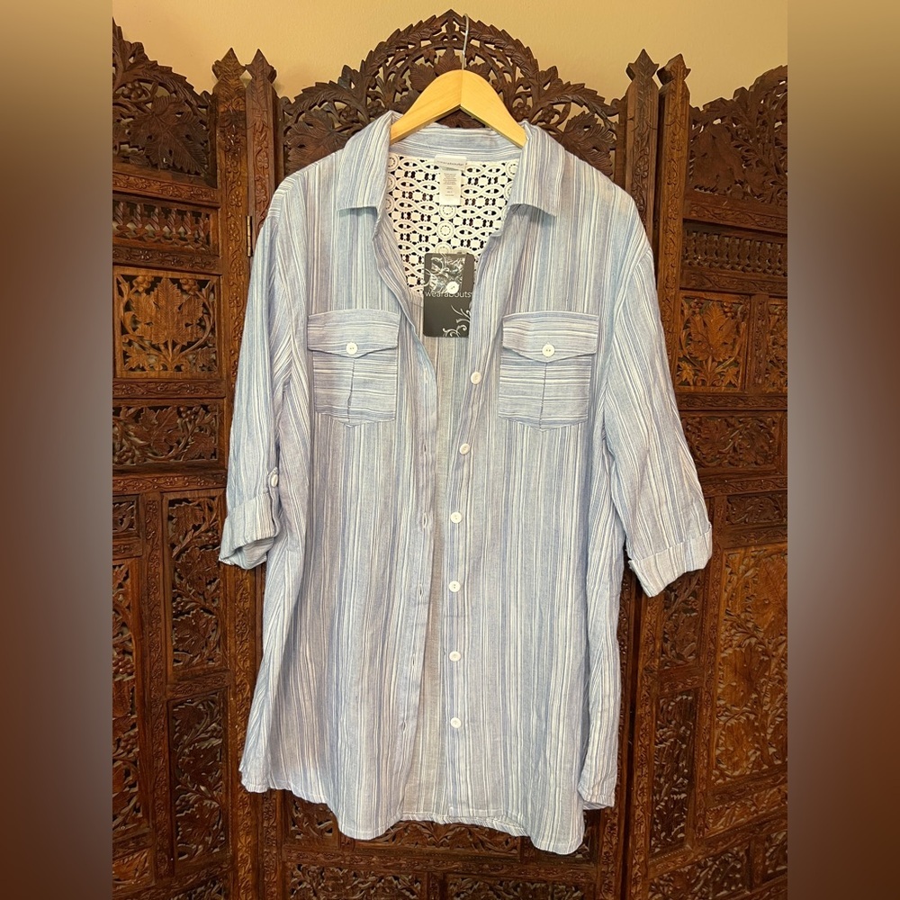 Wearabouts Plus Size Button Up Shirt Blue Stripe Crochet Lace Detail Boho SZ 1X